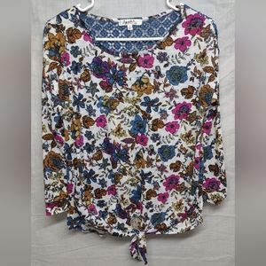 Angels Forever Young/ Blouse Top Shirt/ Blue Red/ Floral Print/ Lace back/ sz M
